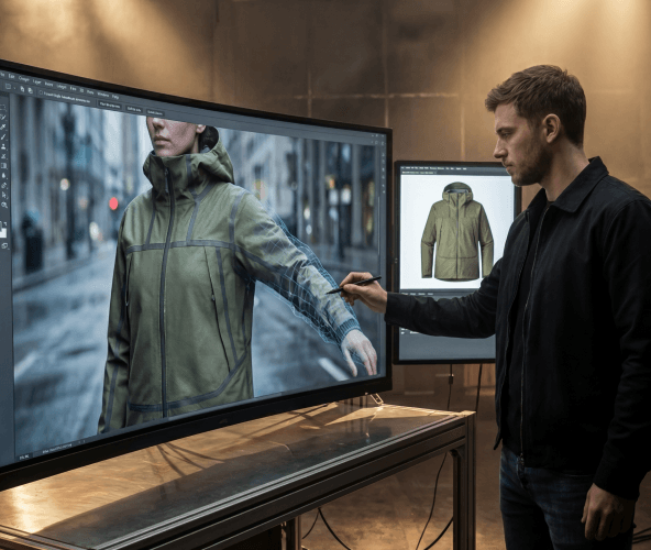 Fashion production scene with silhouettes and stage lighting