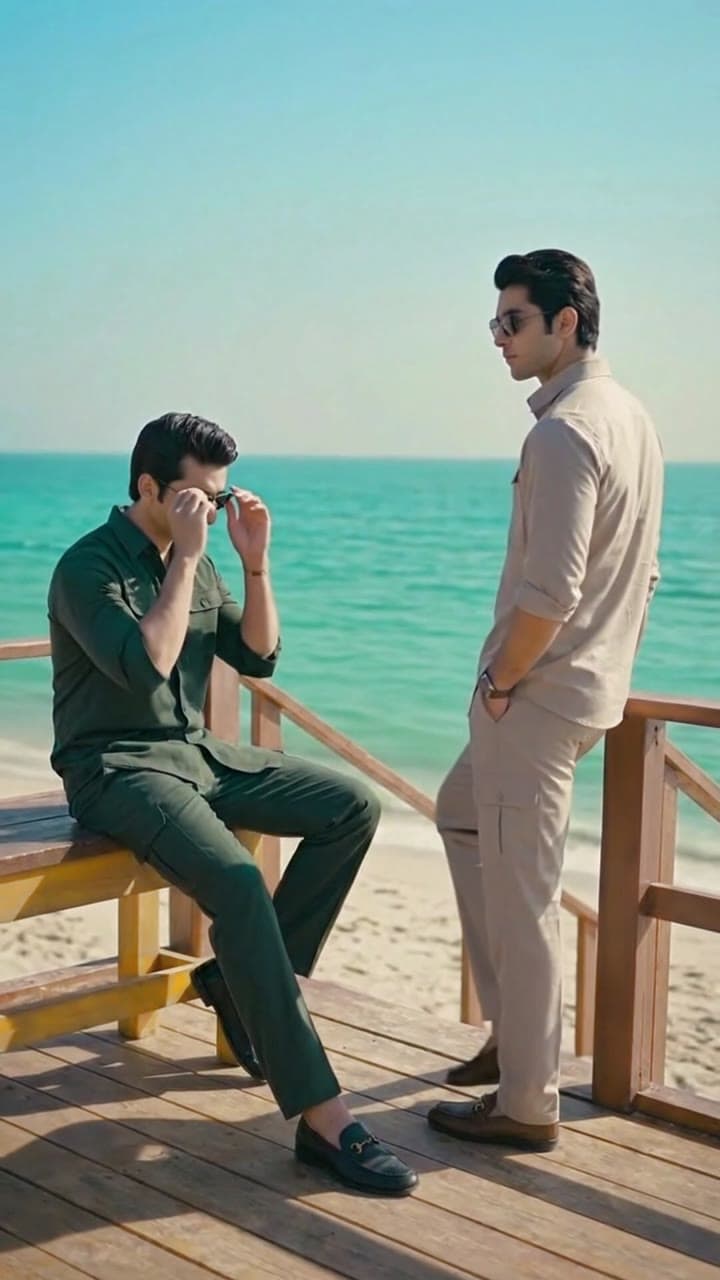 Two men on a wooden beach gazebo overlooking the sea