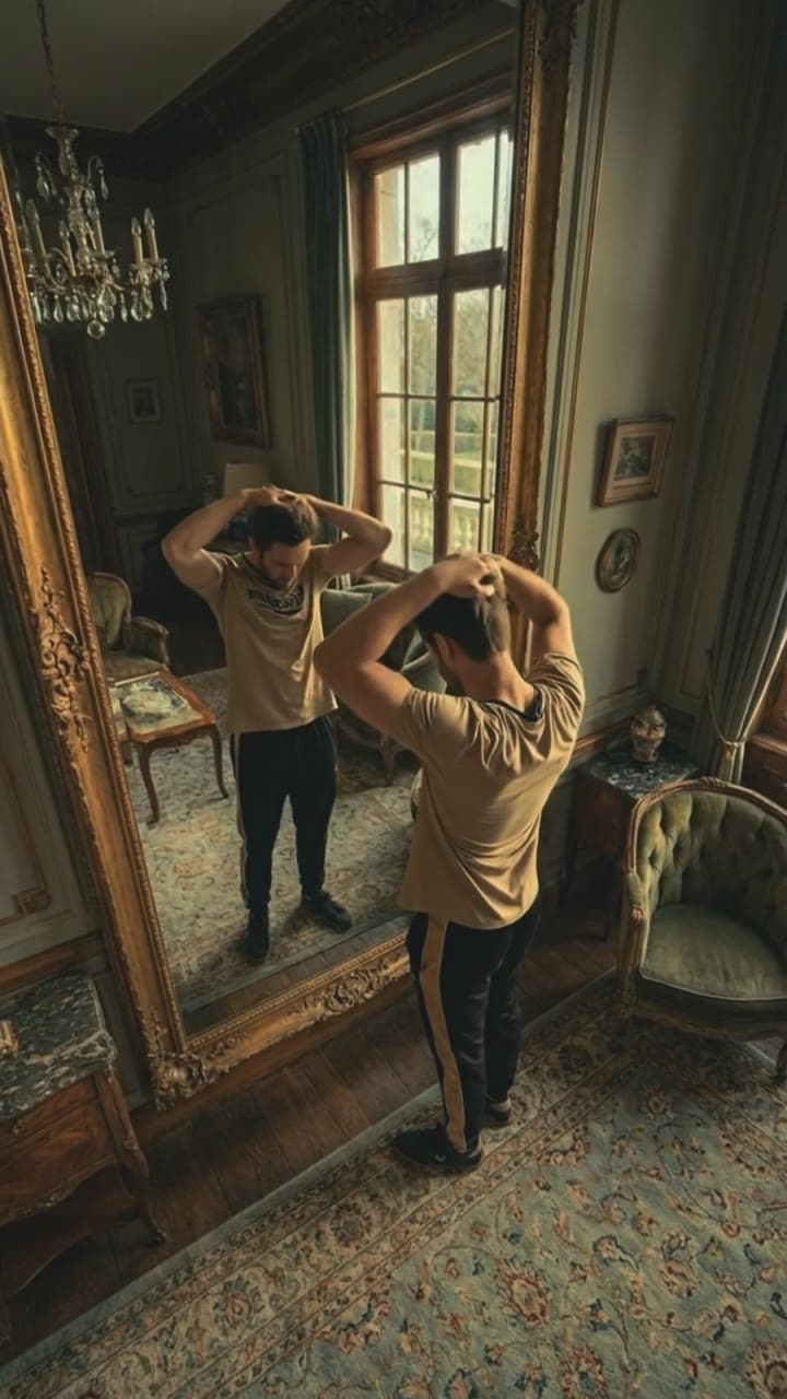 Man in a vintage mirrored room wearing a two-tone shirt