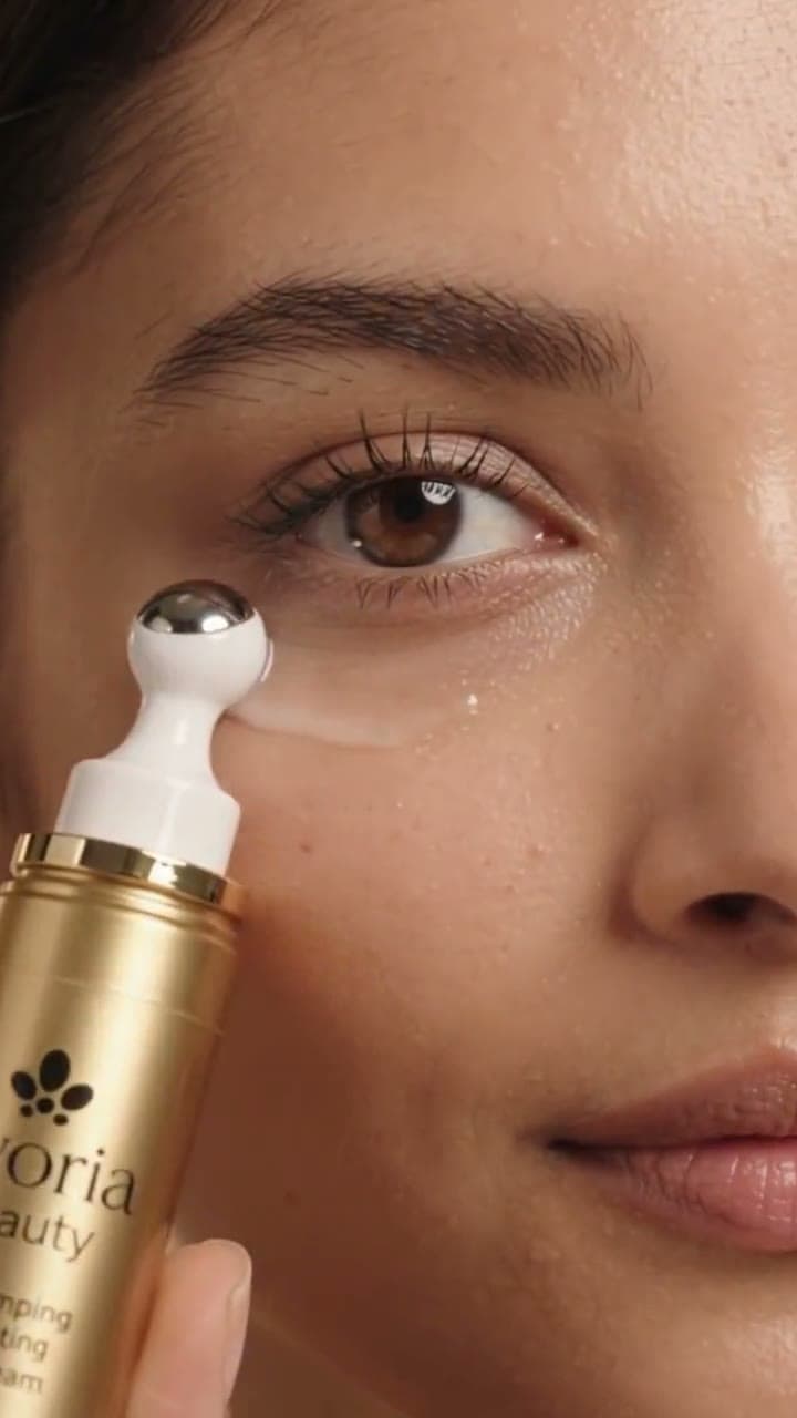 Model applying a gold Evoria Beauty eye-cream roller